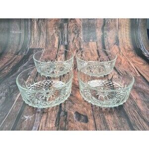 VTG Set 4 Arcoroc France Clear Glass Diamond Starburst 5" Salad Dessert Bowl MCM